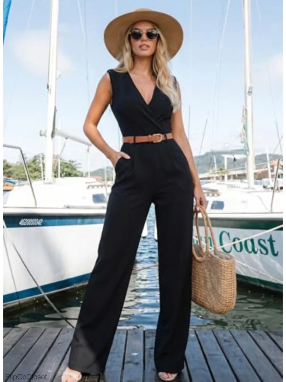 Womens V Neck Wide Leg Jumpsuit Sleeveless Romper with Pockets & Belt Party